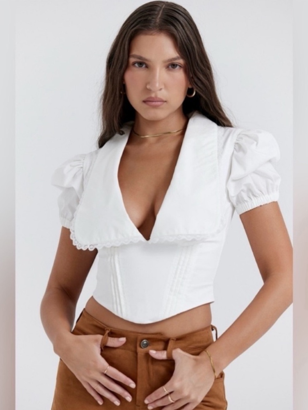 House of Cb Augusta Scalloped-Collar Stretch-Cotton Top
